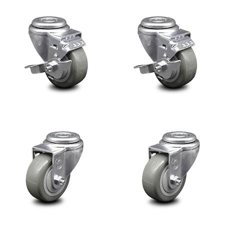 Service Caster 3.5 Inch Gray Polyurethane Wheel Swivel Bolt Hole Caster Set with 2 Brake SCC SCC-BH20S3514-PPUB-TLB-2-S-2